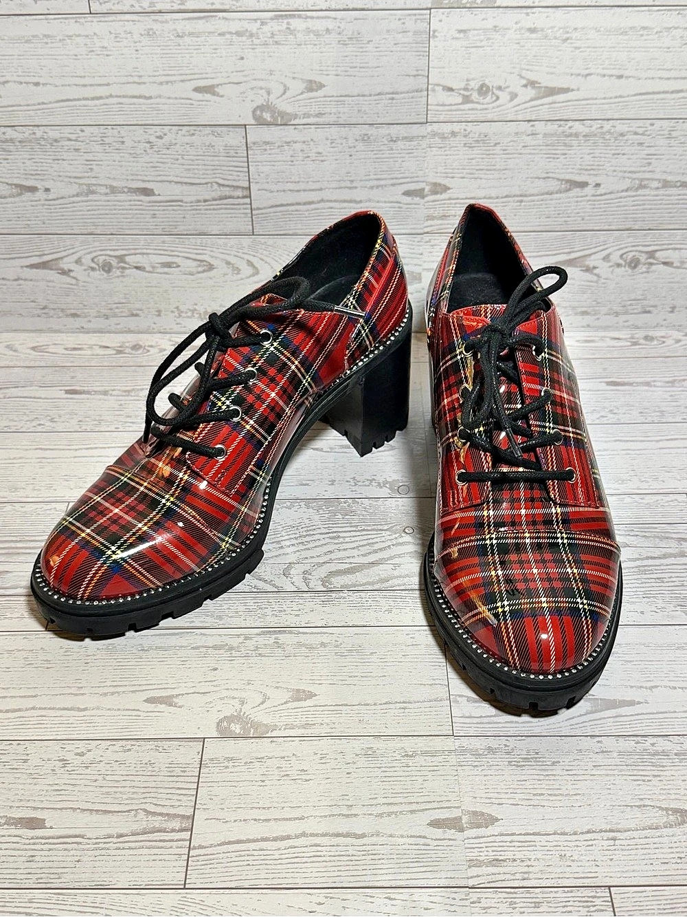 Jessica Simpson Resina Plaid Patent Oxford Heels Women 8.5 Red Tartan Lug Sole